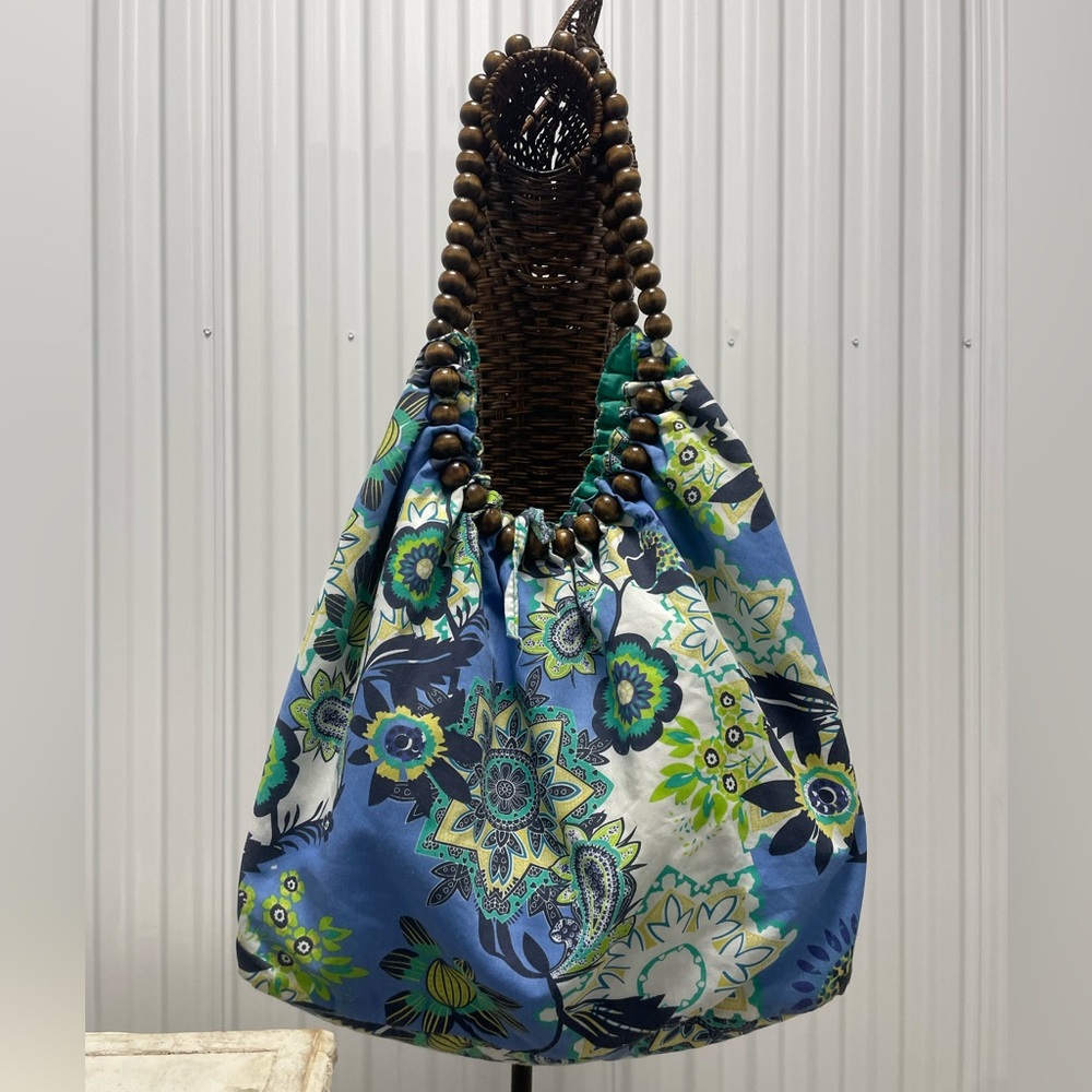 Amici Boho Tote Bag Purse Brown Beaded Handle Hippie Hobo Paisley Slouchy Floral
